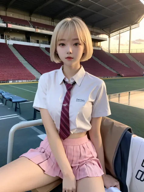  best quality,  best quality, 16k,  Sexy cheerleader cosplay on stage in stadium  ,  very detailed, 2.5D, Delicate and dynamic, sunset, Vivid sky, 小さなかすかな光と色Vivid sky気, Very delicate facial expression, Delicate eye depiction,  upper body closeup,,  erotic,...