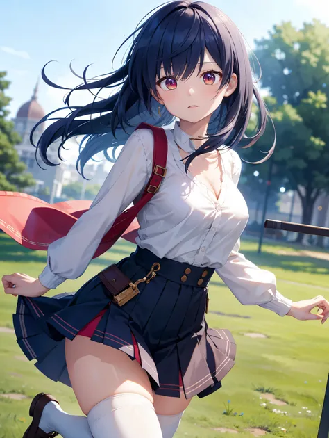 (( best quality)), ( high definition ), (( Very detailed))、(masterpiece)、Im wearing a long cardigan of a genshin character with disheveled, adult-like hair、Im wearing a cute bra and cute panties、(Im wearing knee-high stockings)、(Dancing in the park )、Cute ...