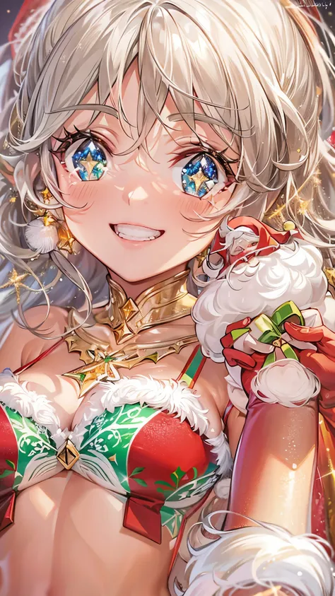 (( best quality)),( ultra high resolution),( super detailed),( detailed description ),(( best CG )),(masterpiece), Highly Detailed Art ,( Art with Precise Details:1.5), (woman:1.6),( beautiful and well-groomed face:1.6),( Micro Santa Bikinis :1.7),(Sparkli...