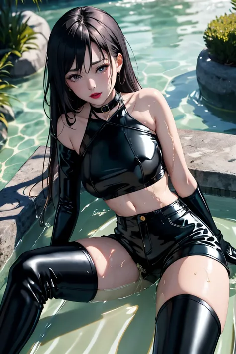 anime, best quality, high quality, highres, beautiful women, high detail, good lighting, lewd, hentai, (((black latex shorts))), (((black latex thigh high boots))), latex top, bare midriff, (bare thighs), (black latex gloves), leather choker, (wet shorts),...