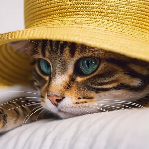 masterpiece, best quality, ultra-detailed, realistic, (1cat:1.1), (yellow hat),