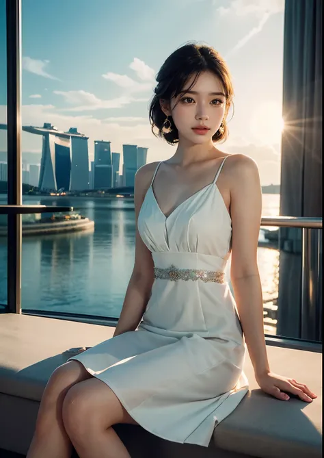 1 girl, Sitting in front of the Marina Bay Sands Hotel, Singapore,  Beautiful and Delicate Eyes,  exquisite lips ,  Highly Detailed Face, Long eyelashes, cute, sweet, Above knee length dress, Sunlight, Cinema Light, Bright colors,  high-profile room, photo...