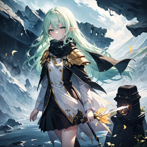      High Quality , masterpiece,   delicate hair  ,   delicate eyes  ,   delicate hair  , ((masterpiece, 最     High Quality )),      High Quality , masterpiece,   delicate hair  ,   girl  ,( Light green hair)),((gold eyes)), Daikon,Long Hair,Elf Ears,(torn...