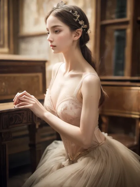 ballerina, (Ballet Costumes),  chair that avoids my chest, Ample breasts, Long, loose hair, (Delicate photo: 1.4), (Renaissance art: 1.4), ( ultra high resolution: 1.2), ( photorealism: 1.4), (8k, RAW photo: 1.2), ( soft-focus : 1.4), ( 18 years old: 1.3),...