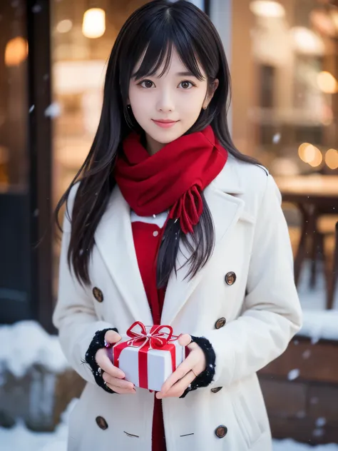 (close-up face shot of one slender small breasts two side up black middle long hair with bangs girl in a winter white long coat ...