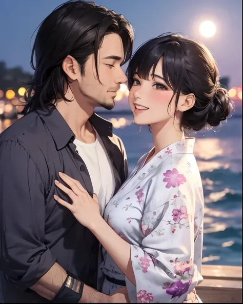 In the background, the starry purple sky with moon light by the ocean. The man is a ripped Caucasian male in his thirties dressed in a casual shirt with muscular physique, short hair and beard. While the woman is a Japanese female in her twenties with long...