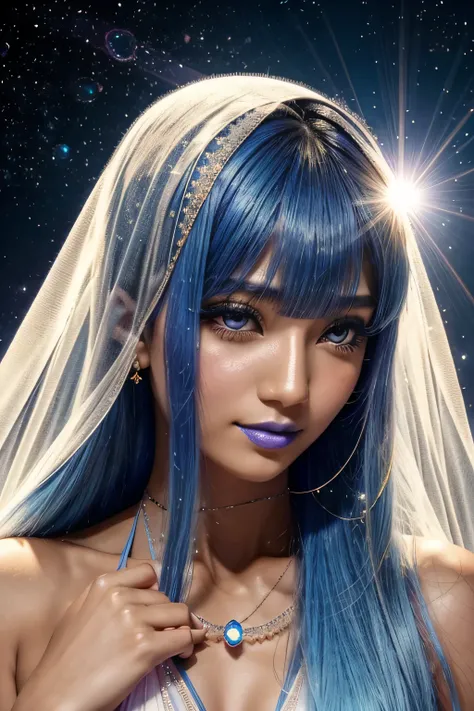 hypnotist,  Japanese, Arabian Moon , パーフェクトソルジャーズのArabian Moon , Blue Hair,  straight long hair,  full of bangs, Sunburn, Amber Eyes, Blue lipstick, Light Light Blue Face Veil ,  Simple Arabian Veil without Embellishments ,  Light Blue Koufiyah with a roun...