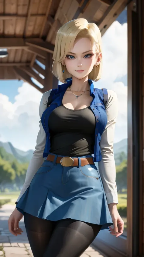 best quality, high-res, and18, 1girl, android 18, solo, blonde hair, blue eyes, belt, blue demin bodycon skirt, gold necklace, b...