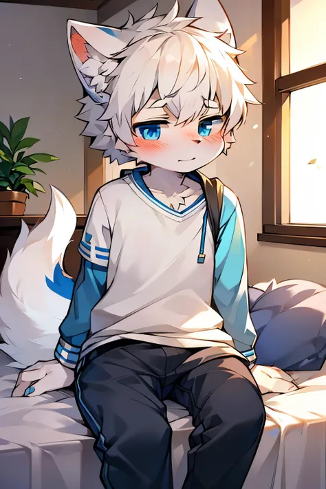 puppy, wolf, boy, cute,white hair, blue eyes, blushing, sitting on the bed