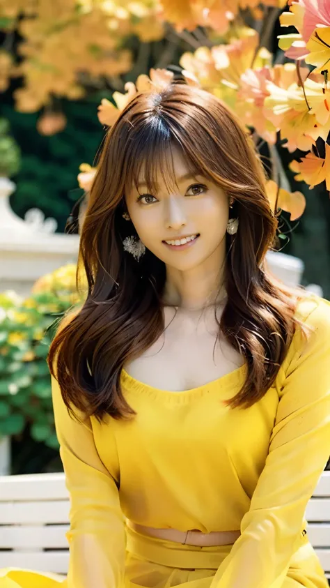 Flawless Anatomy,((( A picture of a beautiful woman standing in a row of yellow ginkgo trees , yellow carpet of fallen leaves ))), Beautiful décolletage with nice earrings and necklaces ,Side high angle birds-eye view photo ,((( She wears a long-sleeved wh...