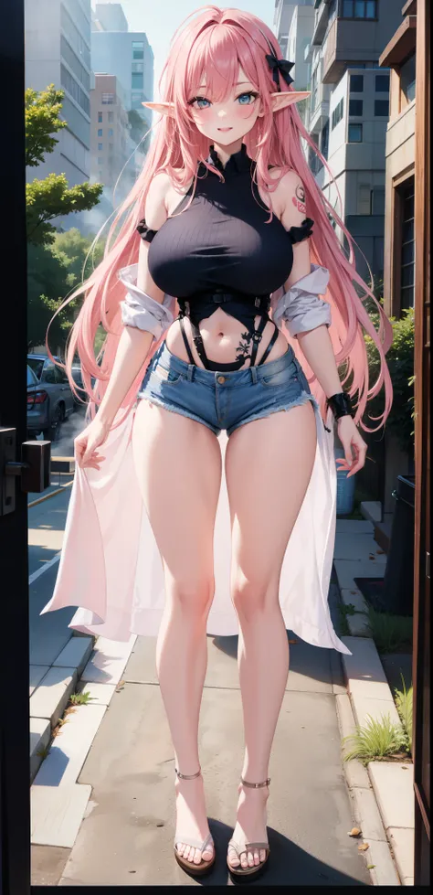 wife，  big breasts  ， bare bodice ,    long pink hair，Elf ears，outcrop，One leg is wearing denim shorts，Big thighs ，Tattoo