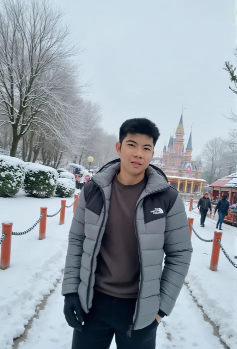 A handsome 30-year-old Thai man, 175 cm height, Black hair, Center Part Hairstyle, wearing The North Face, Standing in Disneyland park, Shanghai China, snow cover everywhere, long shot, photographic, 8k, hyper realistic.