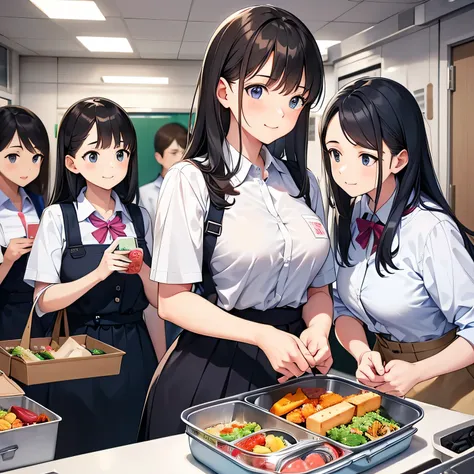 Stunning resolution, top quality++, top quality++, ultra high resolution++, ultra high resolution++, from the side, (background focus)++, (1)++++Dressed women admiring girls in work clothes making lunchboxes at a lunchbox factory. Ultra High Definition++, ...