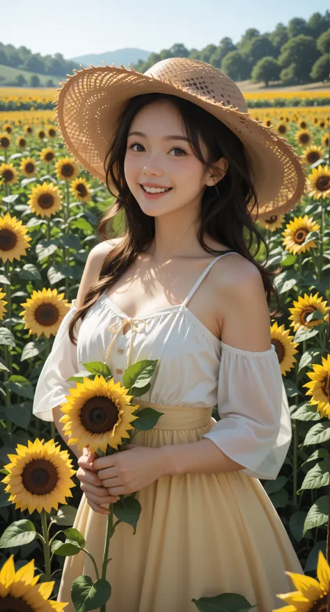 Score_9, Score_8_up, Score_7_up, (1girl, sunflower field, straw hat, in a dress,cute, blooming),
vibrant, sunny, cheerful, pastoral, whimsical, playful, golden, serene, natural, youthful, charming, picturesque, radiant, joyful, bucolic, tranquil, summery, ...