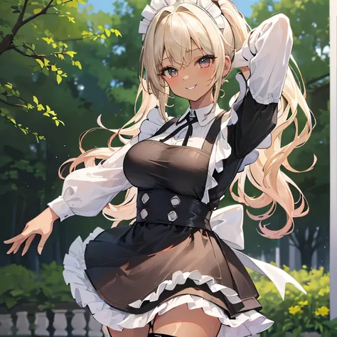 ((    best quality)), ((masterpiece)), (     Details),    slender girl in early fall park ,Gal、 ((( Big Breasts、blonde、    ponytail、     Curly hair、Brown Skin、    Tanned Skin、 out of your belly button、  abs、Maid、黒のMaid服、ノースリーブのMaid服、 apron dress with one h...