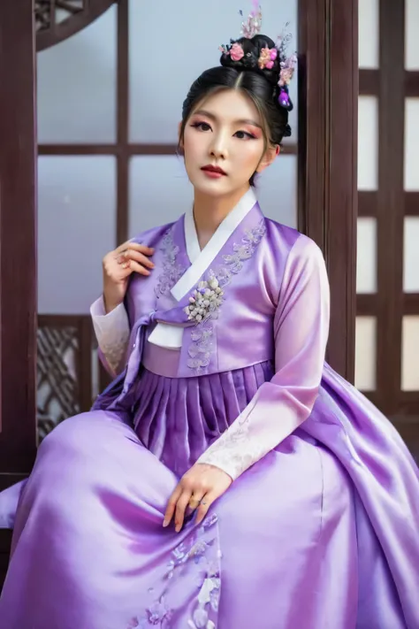 a korean man in ladies victorian dresses, he is crossdresser, big breasts like a woman, slender female body, his hairstyle is sh...