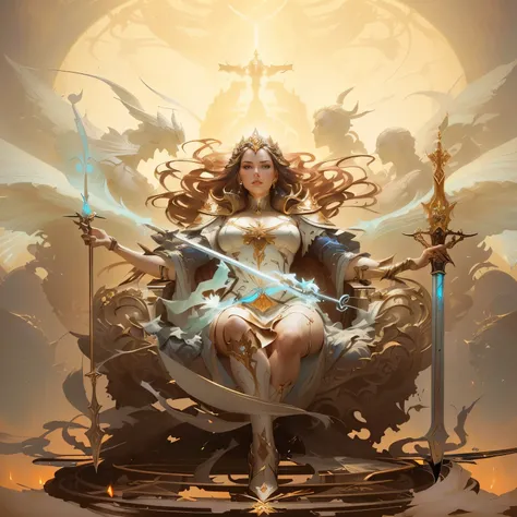  Arafed image of a woman sitting on a throne holding a sword, Peter Mohrbacher 　Donato Giancola ,  Artgerm Julie Bell Beeple , goddess.  very detailed,  Peter Mohrbacher and Art Germ ,  Peter Mohrbacher Digital Art , Peter Moerbacher,  Graphic Artist Peter...