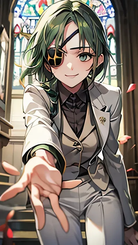  one girl who is at ease， green hair， shortcuts，Eye patch(right eye)， white suit， watching here， and reaches out here， gentle smile， fluttering petals ， church，Dazzling Light，masterpiece， High Quality，