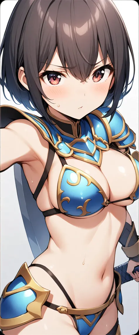  female warrior wearing bikini armor、1girl、 boobs、 looking at the camera、shorthair!、 has a sword,Seems like an adult