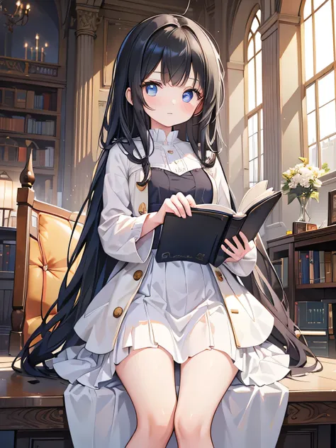 a young girl,  reading the book, one piece, the cutest in the world, black hair, detailed eyes, detailed face, in the spacious library, Europe, beautiful detailed glowphotorealistic:2.0, masterpiece, best quality,
insanely detailed, from below