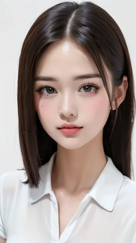 (((forehead、Northern Europe、White、beautiful girl、Black Hair、White Background、Golf Wear、cute、young、True Face、Shiny Hair、whole body)))、Tabletop, Highest quality, shape, Very detailed, finely, High resolution, 8k wallpaper, Perfect dynamic composition, finely...