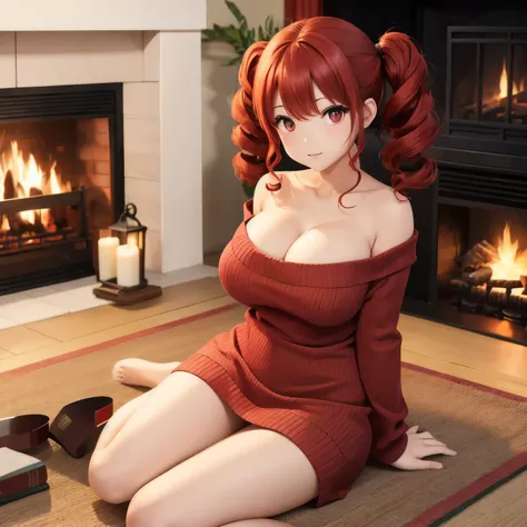 side-top twin tails、red curly hair、bangs、 slim body、 big breasts 、 ball shaped breasts 、red eyes、 red contact lenses、 hair betwe...