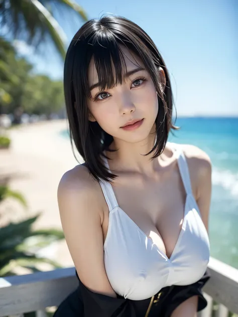  1 girl、top-quality、Realistic、solo、 depth of field、 natural soft light 、Daytime、 attractive、 Beautiful Faces 、Cleanliness、 Pure Face、white skinned、Cute、 short hair on the side of the uniform、Bans、 beach 、Sunshine、 nedium breasted body esbian 、(( beautiful ...