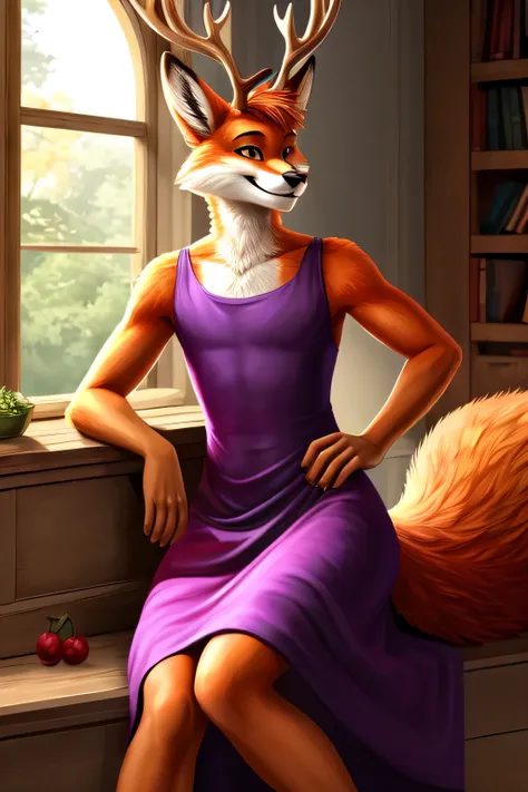 011 ((best quality)), ((masterpiece)), (detailed), 1 male, fox, antlers, anthropomorphic, male, full body, hand on hip, smiling, perfect anatomy, perfect lighting, e621.net, happy, adult, sitting, dress, legs in, looking a viewer