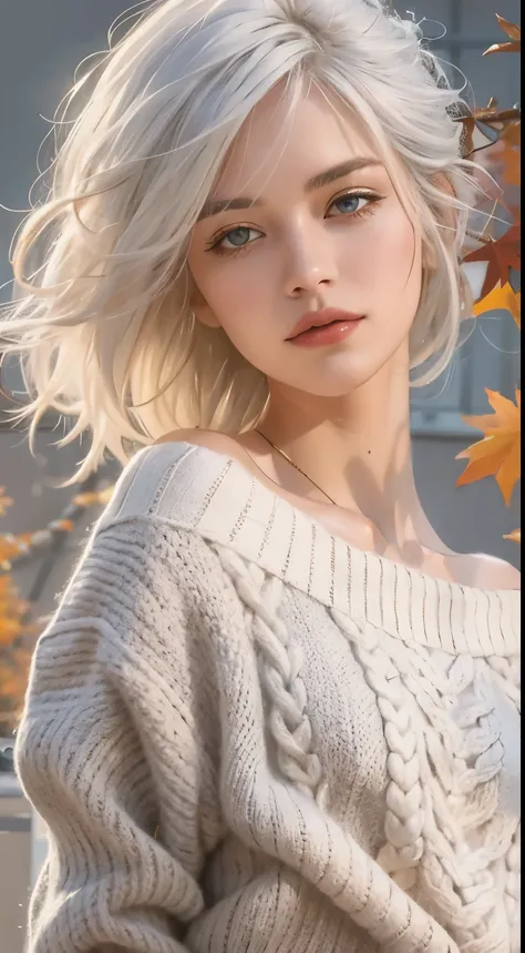 Medium Shot Shot, A beautiful woman looks at the camera, White hair, Chris Foss autumn off-the-shoulder sweater