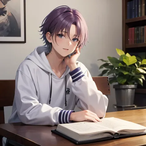  1 boy ，Purple Hair， short hair on the side of the uniform, Purple Eyes， wearing a white hoodie ,  a wooden desk and a potted plant  . A handsome young man wearing  , sleepy look after intercourse ，Sleepy face，which adds a playful touch. Background,  there...