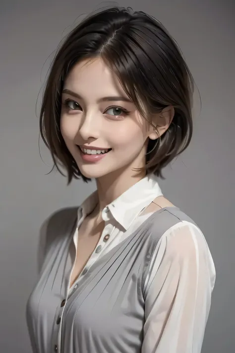 ((masterpiece)), (( best quality)), ((8k)), (( surreal)), ((Realistic)), (Mature), ((No classes)), very detailed, (1 female), Beautiful and exquisite, (Beautiful Teeth), Grin, brunette pixie cut, Brown Eyes , ((blouse)), ( upper body), ((backgro...