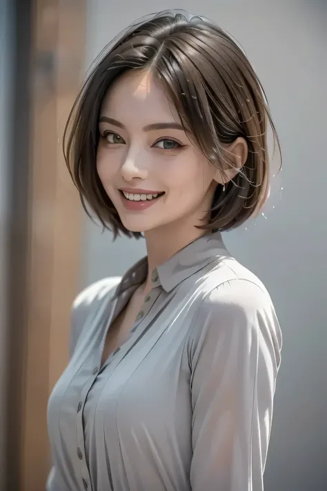((masterpiece)), (( best quality)), ((8k)), (( surreal)), ((Realistic)), (Mature), ((No classes)), very detailed, (1 female), Beautiful and exquisite, (Beautiful Teeth), Grin, brunette pixie cut, Brown Eyes , ((blouse)), ( upper body), ((backgro...