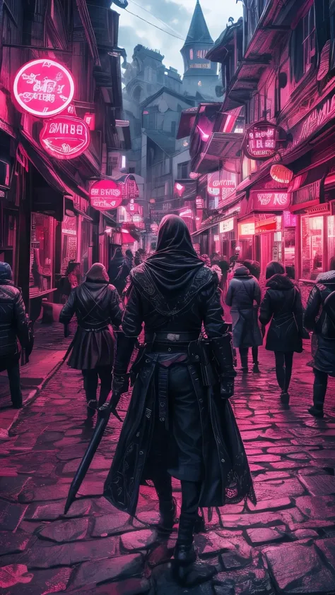 (best quality, photorealistic, ultra-detailed:1.2), a dnd style fantasy street with medieval style architecture of taverns and weaponsmiths and armory and potions shops and magical shops, but the aesthetics is cyberpunk with neon lit signs and vibrant faca...