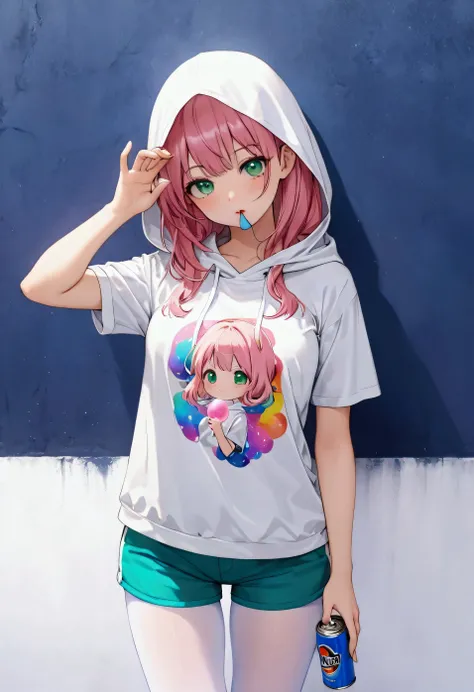 best quality、8k、Representative Works:1.3、 girl、1 person、1 personで、 petite and glamorous body 、curve、cute、 beautiful pink blond hair 、Beautiful emerald green eyes、Puff bubble gum out of your mouth with a casual expression, T-shirt with a psychedelic illust...