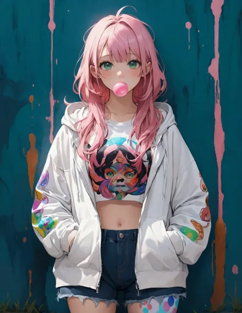 best quality、8k、Representative Works:1.3、 girl、1 person、1 personで、 petite and glamorous body 、curve、cute、 beautiful pink blond hair 、Beautiful emerald green eyes、Puff bubble gum out of your mouth with a casual expression, T-shirt with a psychedelic illust...