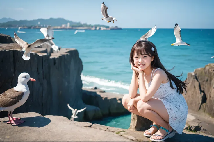  best quality　masterpiece　 Details　 A super cute girl is crouching with a smile　 There are lots of seagulls around 　Photo style　Rocky area and beautiful ocean 　 imaginary　 fantasy