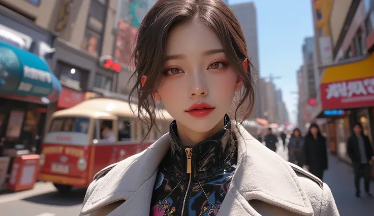 (masterpiece, Best picture quality, 8k), Real photo,Idol appearance, adult,  perfection of fashion,  Korean makeup, Lip Tint, whole body, frontal, A faint smile, Busy City Streets, Clear weather, Exquisitely Painted , Realistic, Outdoor,  ultra high defini...