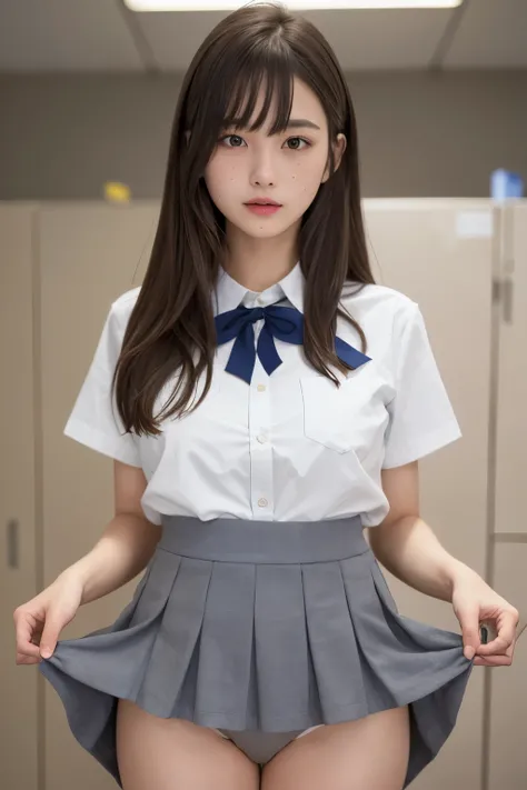 One girl、Excellent anatomy, masterpiece, Highest quality,Realistic, hyperRealistic, 16k hdr,(((skirt lift))),NSFW、White short sleeve shirt、Blue ribbon、Navy blue pleated skirt、Grey vest、Long Hair、Straight Hair、bangs、freckles、Brown Hair、high school girl、Whit...