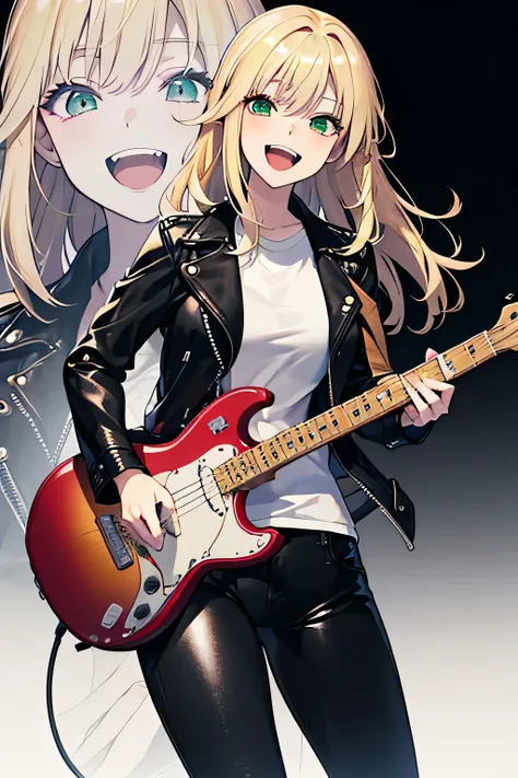 （In 8K, best quality, muste piece:1.2)、ultra high resolution,1 female 、ultra-detailed face,detailed eyes, laughing, a lady, center swept blonde hair, green eyes, playing a guitar, black leather jacket, black leather pants, white t-shirts, no background,