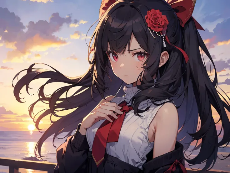 Alone, 1 girl,Human Ear、 (Red eyes)、(Short stature、 flat chested)、(Vertically wound roll、Vertical Roll、 long hair、 tie the hair on the back of the head with a big red ribbon 、Flower hair ornaments on the bangs )、(Serious face)、(Neat Gesture )、(bright purp...