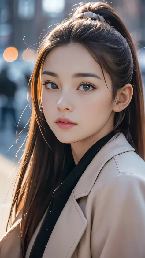 blush,24 years old,winter,European Cityscape,Long hair ponytail,winter clothes,Brown collar coat,Long skirt,Close-up of face,((8K, RAW photos, best quality, Piece Fly:1.2), (Reality, Reality:1.4), (Highly detailed 8K wallpaper), Depth of writing boundaries...
