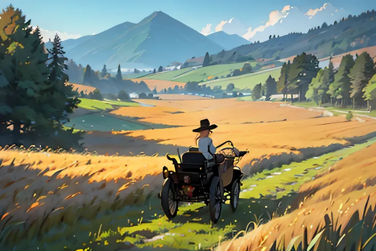  there is a woman riding a horse-drawn carriage in a vast countryside ,  digital painting inspired by George Caleb Bingham , polycount, American landscape painting, In a large wheat field , anime countryside landscape,  full color digital illustration,  be...