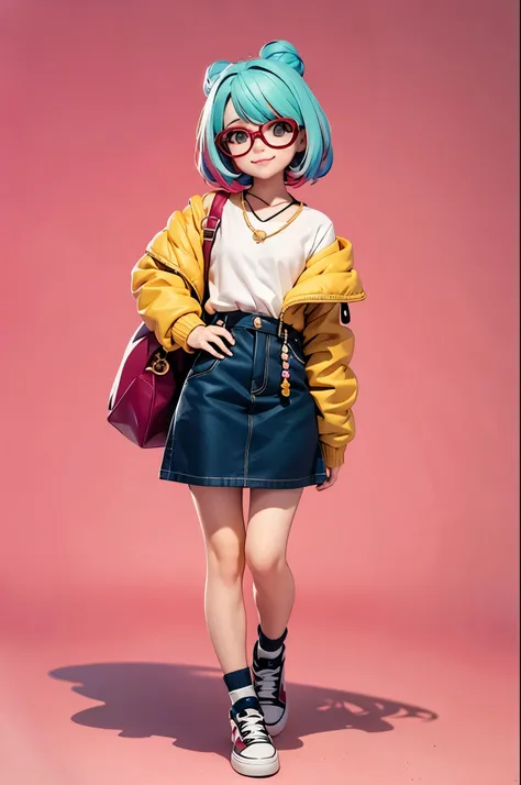 ( masterpiece ), ( best quality), (young, street fashion), ( full body : 1.2), cutest, teenager, glasses, detailed level, clear smile,  full body , :3, multicolored hair, short, taken , fear, modern,  Modern Accessories, pastel tone background, colorful an...