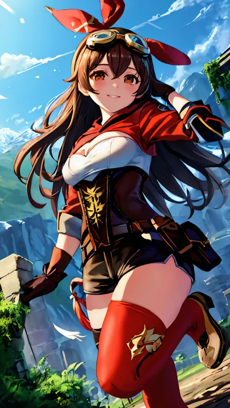 masterpiece, best quality, soft lighting, absurdres, looking at viewer, solo, naughty smile, sleepy eyes, goggles on head,
amber (genshin impact),  brown eyes, brown hair, long hair, red hair ribbon, brown short shorts, leather gloves, pouch, (red thighhig...