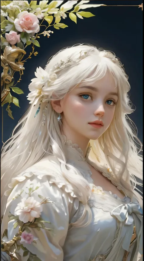 ((gorgeous princess)), (with long flowing white hair), (bright and beautiful eyes), trending on art station, flower of hope by j...