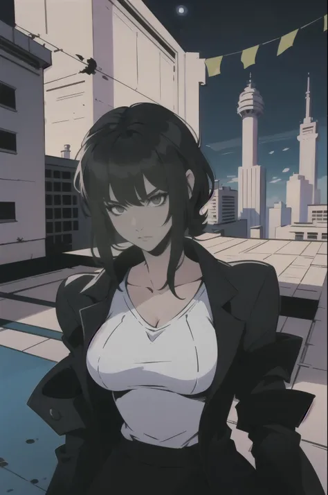 1 , alone, breasts, fringe, black hair, serious, mini camiseta , mini jacket, roof of a building with a City in the background, nariz médio romano, a noite