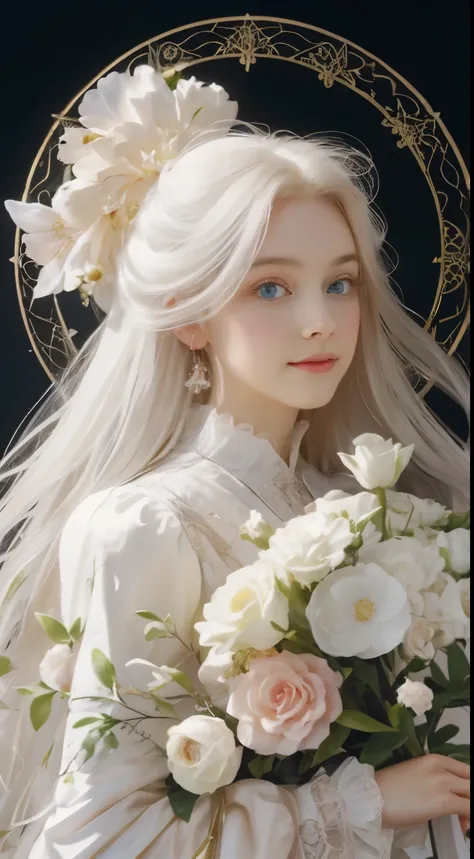 ((gorgeous princess)), (with long flowing white hair), (bright and beautiful eyes), trending on art station, flower of hope by j...