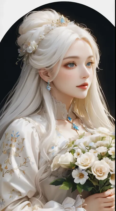 ((gorgeous princess)), (with long flowing white hair), (bright and beautiful eyes), trending on art station, flower of hope by j...