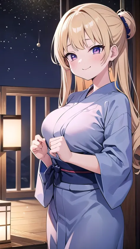    1 girl、,  blonde , Blonde、Long Hair,   uphair 、Curly hair、  purple eyes ,   1 girl 、Junior high school students、Night Sky、 fireworks、 Sensual Poses at Night、Big Breasts、 , pink lips、morning、  vest shadow  ,   Best lighting 、  Bitch、red面、smile、valley、(((...