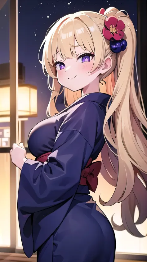    1 girl、,  blonde , Blonde、Long Hair,   uphair 、Curly hair、  purple eyes ,   1 girl 、Junior high school students、Night Sky、 fireworks、Sensual poses at night、Big Breasts、 , pink lips、morning、  vest shadow  ,   Best lighting 、  Bitch、red面、smile、valley、(((n...